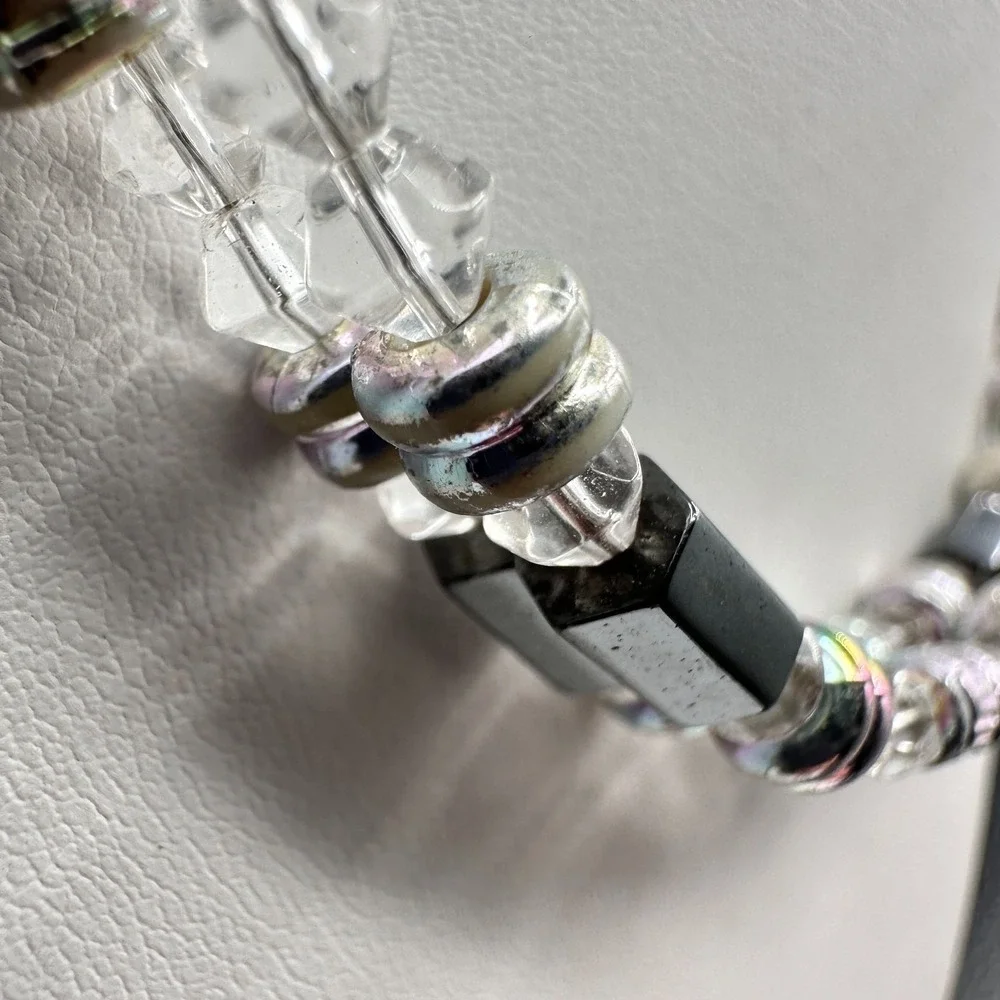 Vintage‎ 90s Silver Tone Clear Glass & Hematite Beaded Necklace Women's Jewelry
